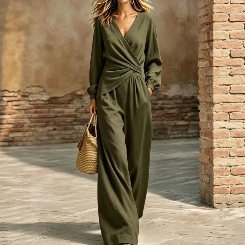 Autumn Simple Solid Color Two Piece Set Women's Fashion V-neck Top With Wide Leg Pants Suit Ladies Foreign Style Office Outfit