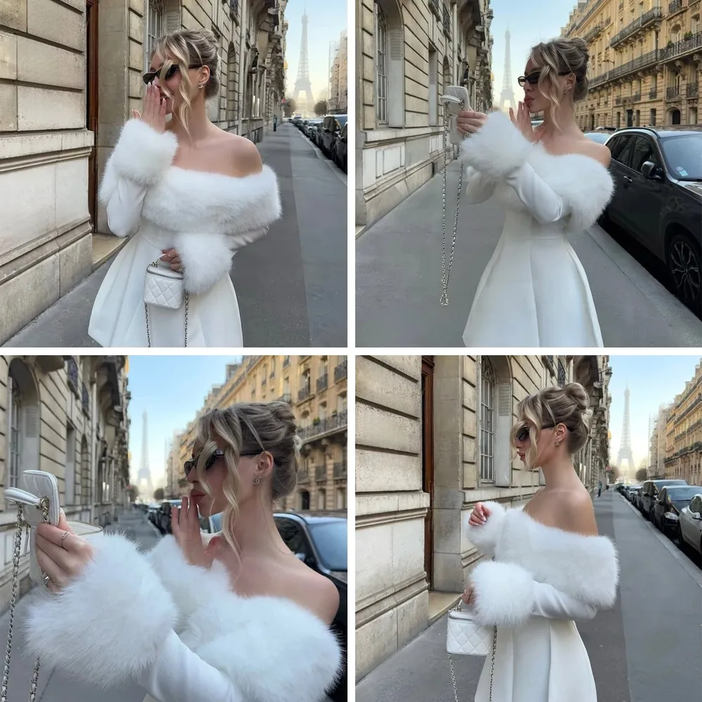 

Sexy Off-Shoulder Mini Dress with Fur Collar, Long Sleeve A-Line Party Gown for Women