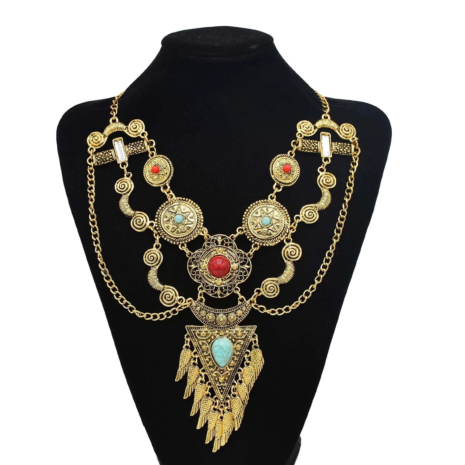 Vintage goldene silbrige Statement-Halskette für Frauen, bunte Strasssteine, lange Ketten, Halsketten, Gypsy, Boho, ethnischer Halsschmuck – Detail 21