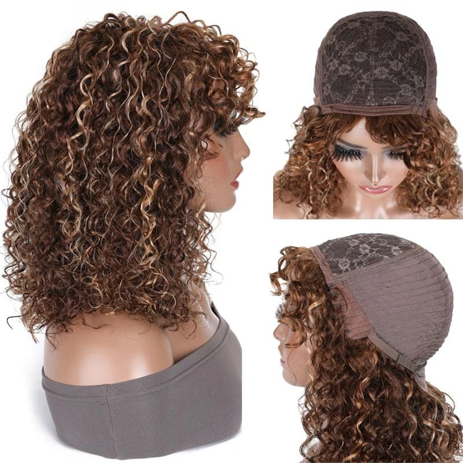 Miss Rola Jerry Curly Pixie Cut Bob Wigs 100% Human Hair Whole Machine Made Curly Bob Wig With Bangs Brazilian Remy Hair Wig