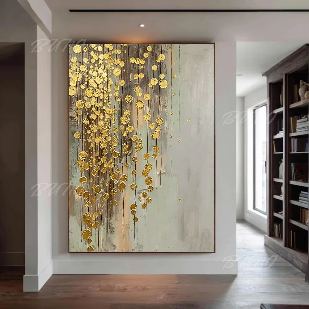 100% Hand-painted Abstract Oil Painting Original Golden Textured Palette Knife Wall Art For Home Living Room Bedroom Decor