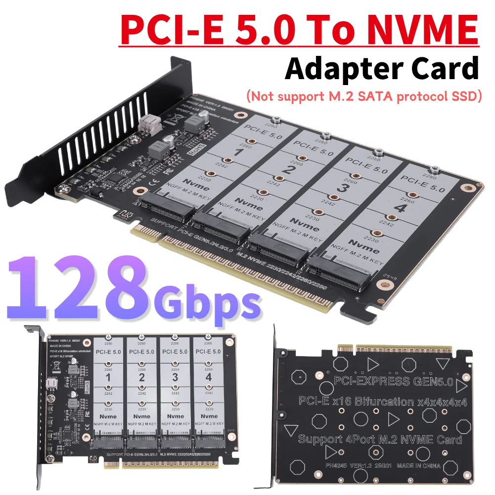 PCIE Express 5.0 To 4X NVME M.2 NGFF SSD Detachable Bifurcation Raid Card 4x128Gbps with Individual LED Indicator Adapter Card