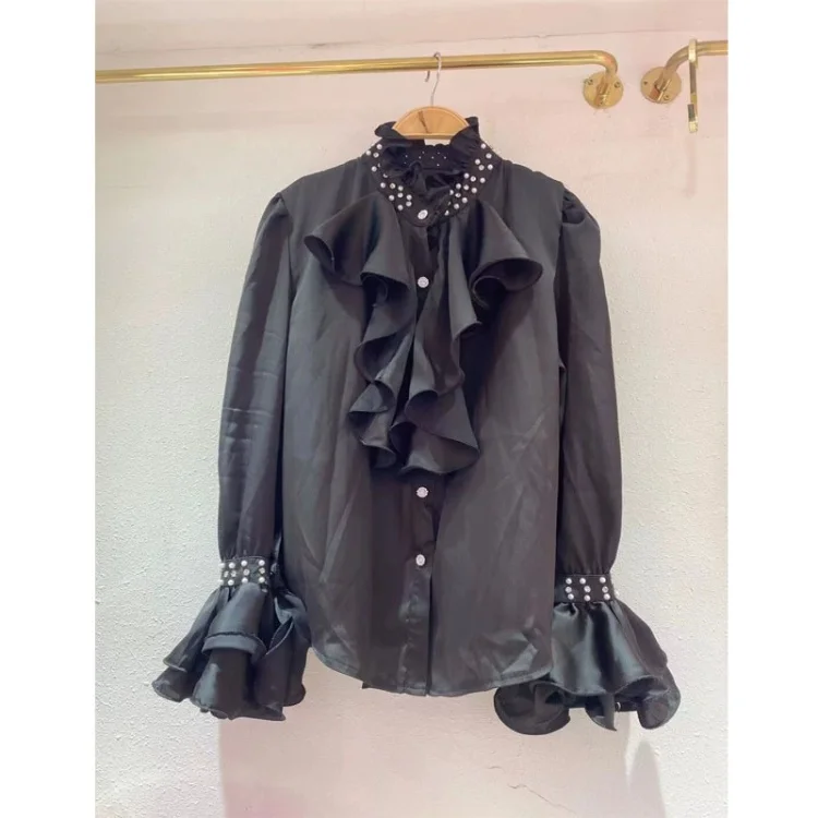 Lolita Elegant Frans Hof Zoete Ruches Temperament Shirt Meisje Lente Herfst Losse Opstaande Kraag Lange Mouw Veelzijdige Top