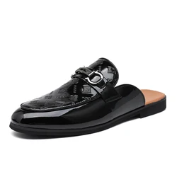 Designer Patent Leather Mens Mules Half Shoes Men Dress Causal Shoes Slides Sandals Black Slippers Breathable Flat Shoes for Men