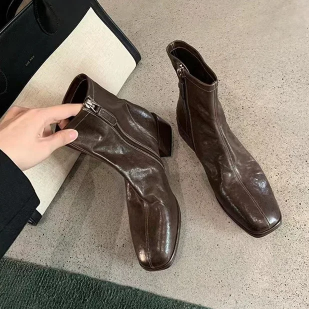 

Винтажные женские ботильоны на высоком каблуке, модные короткие ботильоны из мягкой кожи с квадратным носком, осенне-зимние женские современные ботинки на толстом каблуке