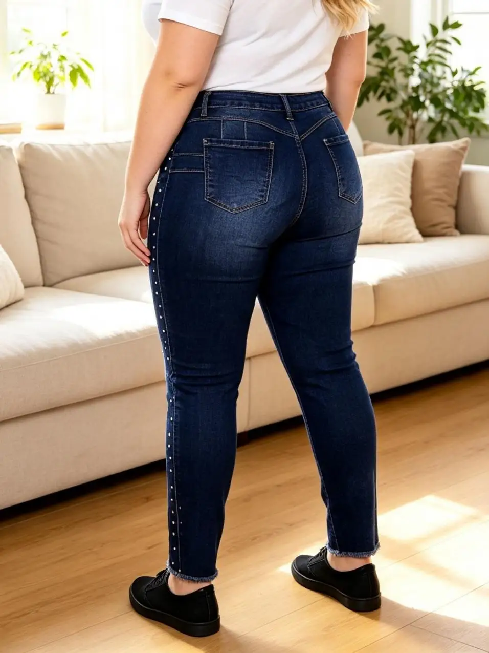 【HME】Jeans | Women High Waist Butt-Lifting Denim Pants, Skinny Ankle Denim Jeans With Side Button Details, Light Distressed Wash Stretch Fabric, Figure-Hugging Casual Pants For Date & Daily Outfits