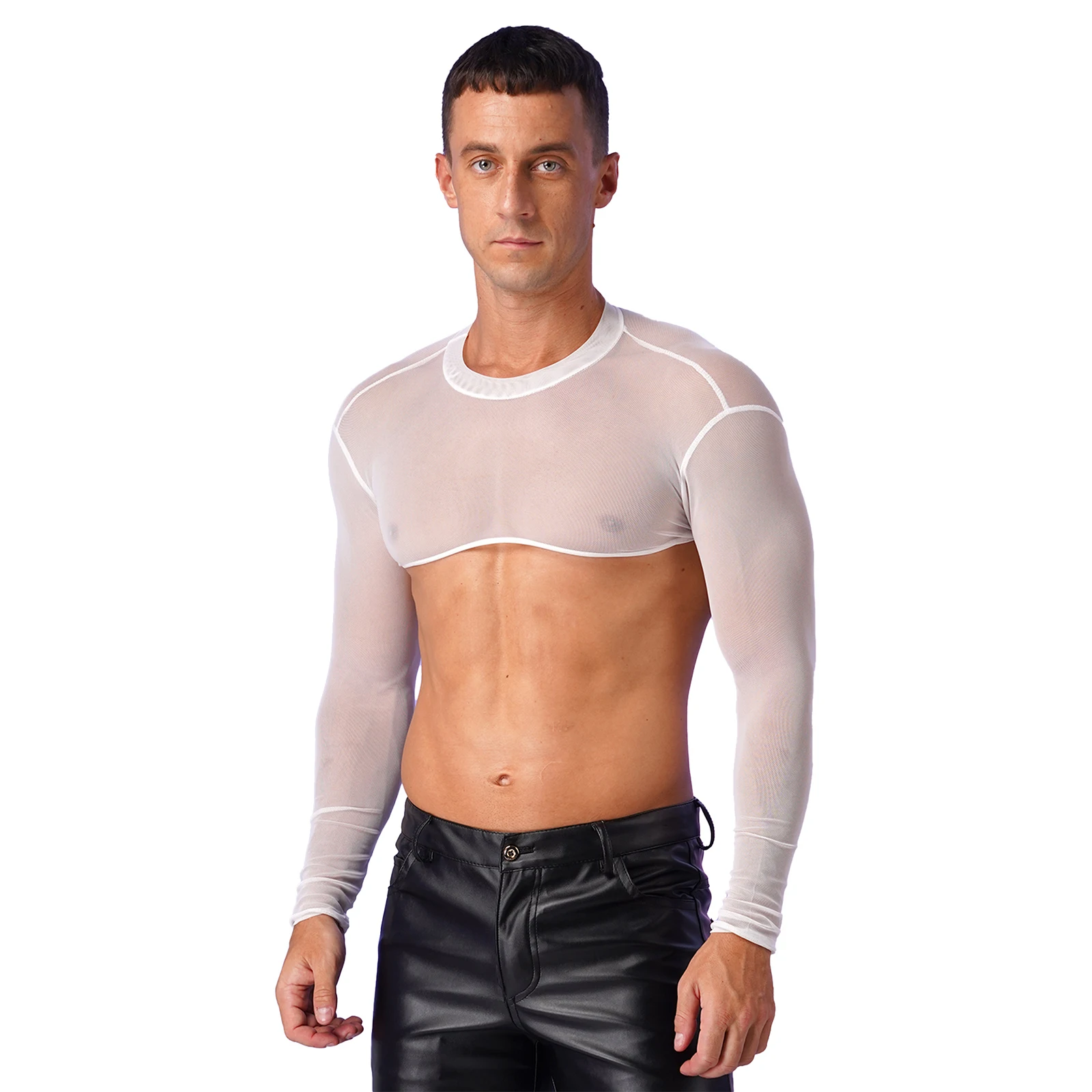 Mens See-through Mesh Crop Top Mock Neck Cover Ups Beachwear Stage Show Rave Costume Long Sleeve Bodybuilding T-shirt Tops