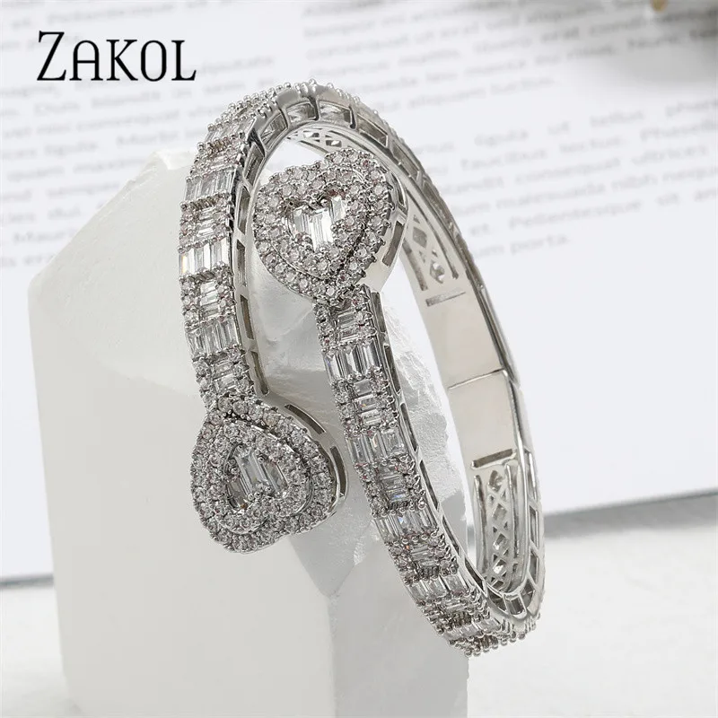 

ZAKOL Fashion Love Heart Open Bangles For Women Exquisite Micropaved Zirconia Silver Color Bangle Daily Party Jewelry