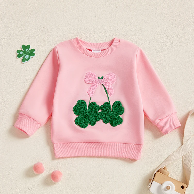 Toddler Baby Girl Irish Sweatshirt Bow Clover Embroidery Long Sleeve Pullover Tops Casual Spring Clothes