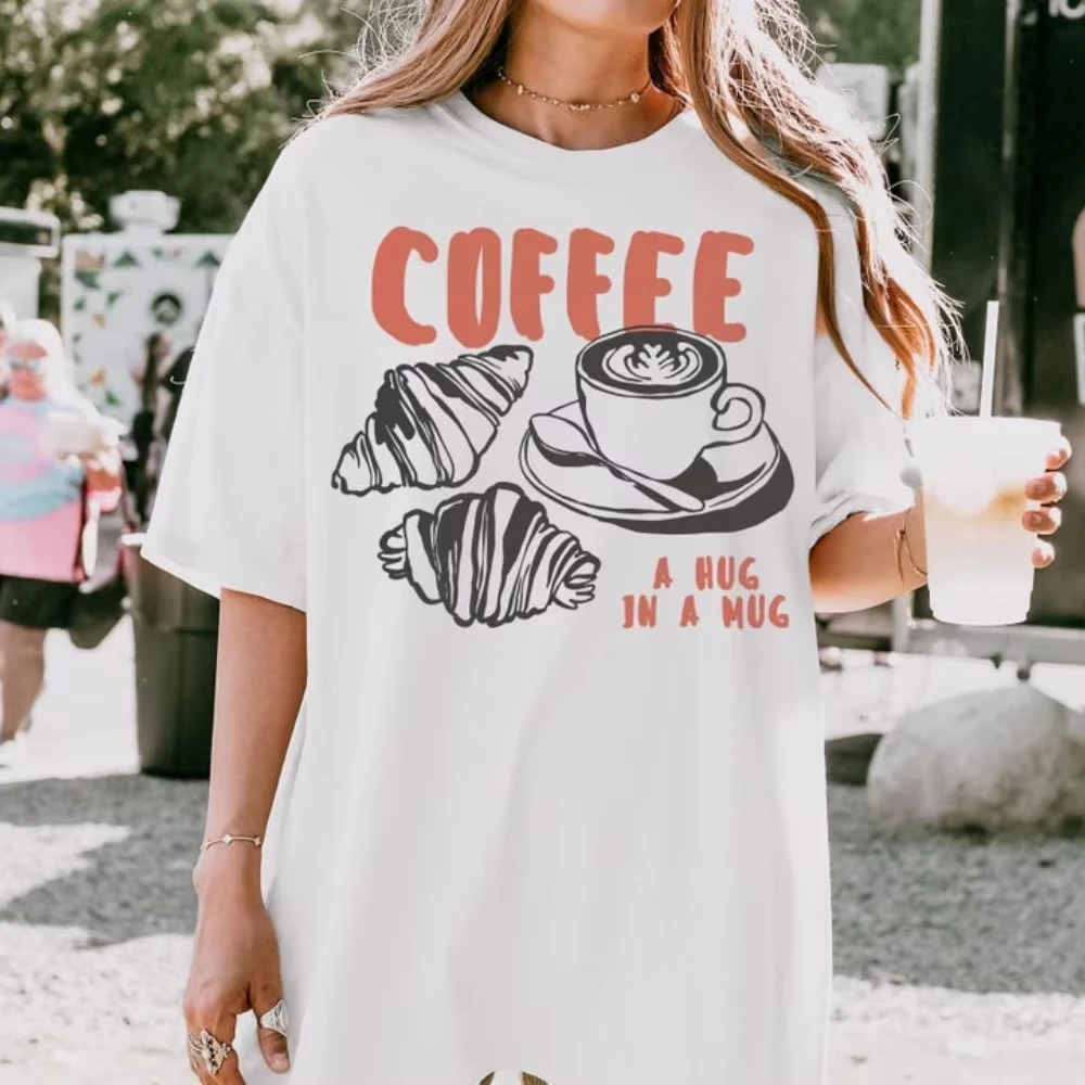 

Coffee Lover TShirt Breakfast Women Tee Croissant Shirt Foodie Men T-Shirt Vintage Aesthetic Retro Graphic Tee Harajuku Tops