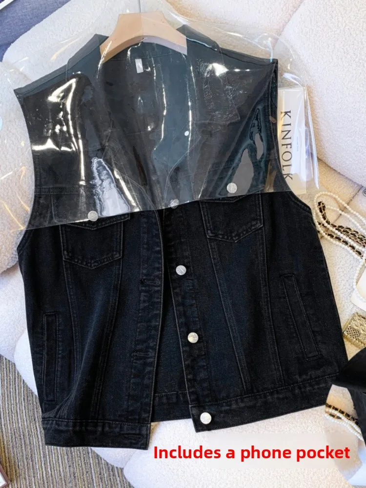 

Bla Denim Vest ort Svel Women's Casual Jaet Spring Autumn Loose Versatile Commute Sle Collar Single Button