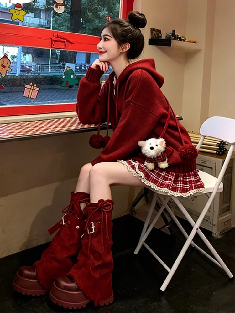 Cisas Red Knitted Hat Women's Dr Set Autumn Winter Aosphere Sensation Cheered ter Dr Matching Hat Outfit