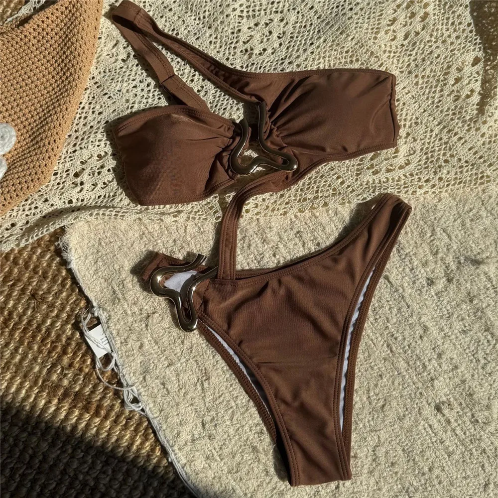 Sexy Brown One Shoulder Backless Swimwear Woman 2026 One Piece Swimsuit Metal Ring Hollow Out Monokini Swimming Bathing Suit