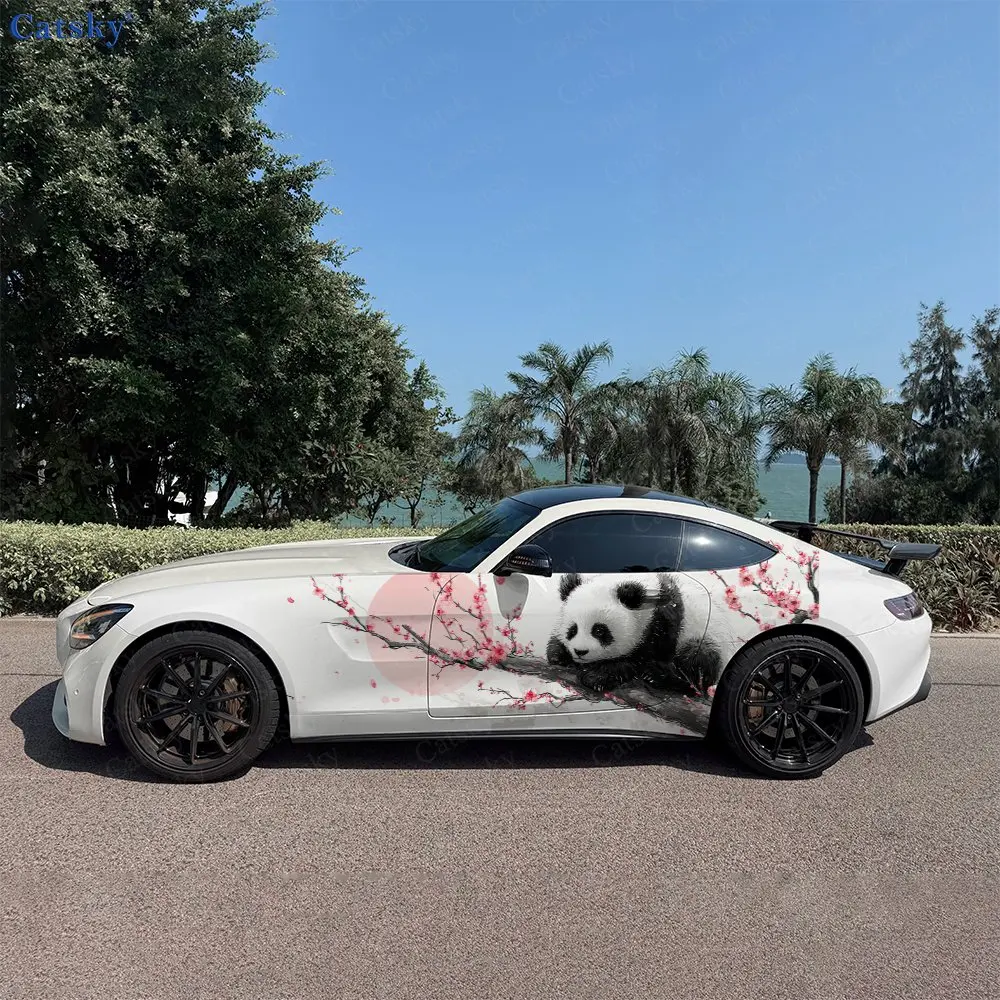 Panda On Pink Cherry Blossom Branch Car Side Wraps, Self-Adhesive PVC Waterproof & Scratch-Resistant Sticker, Car Accessory Gift