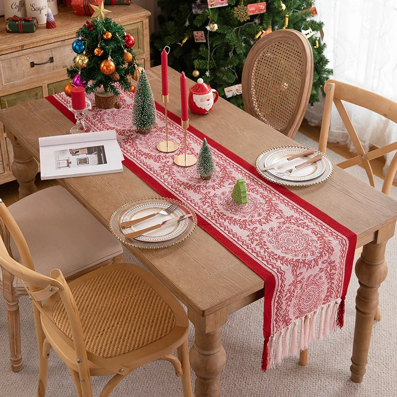 

HYS new color woven jacquard red handmade fringed table flag cross-border Christmas wedding full polyester dining table side