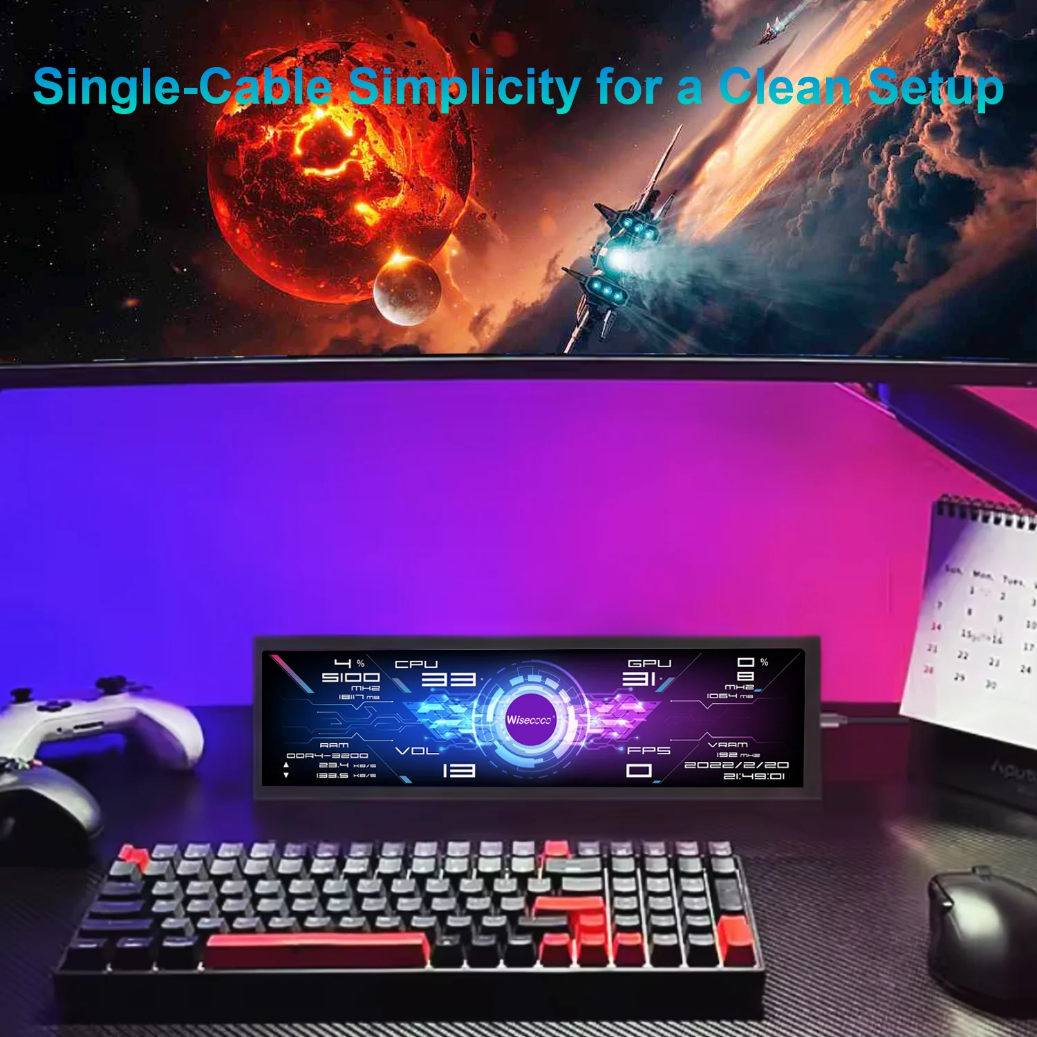 Wisecoco 7.84 Inch Portable Mini Monitor USB C Aida64 Display 1280x400 Stretch Bar PC Case Second Screen IPS Long Strip