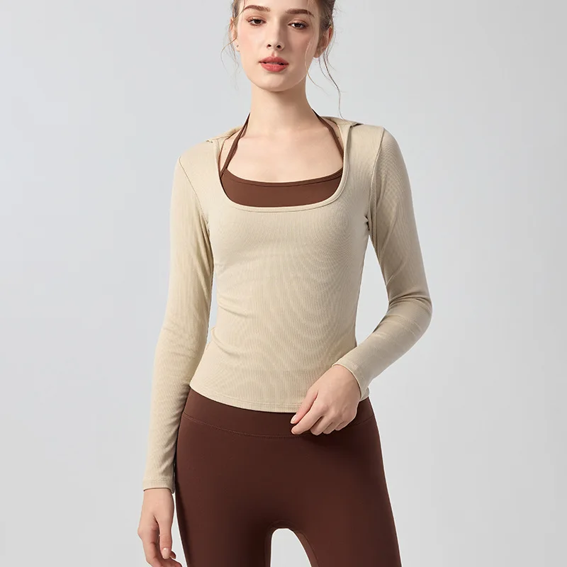 

Женские комплекты из 2 предметов для йоги с длинными рукавами, тонкая облегающая футболка + тонкие плечи с нагрудником, топы на бретелях, эластичные топы для фитнеса