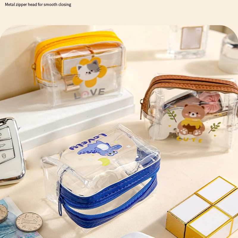 Key Case with Cartoon Animal Design, Portable PVC Waterproof Earphone Pouch, Transparent Lipstick and Coin Purse