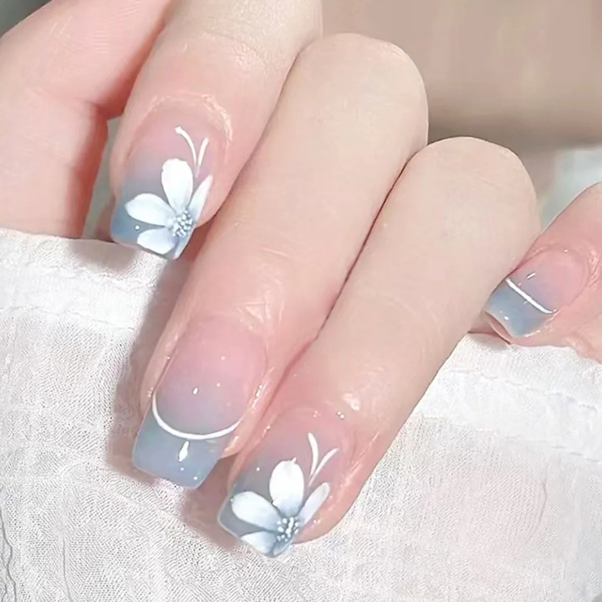 Medium Square fake nails for women girls Flowers butterfly flora design with white french edge tips press on false nail art set