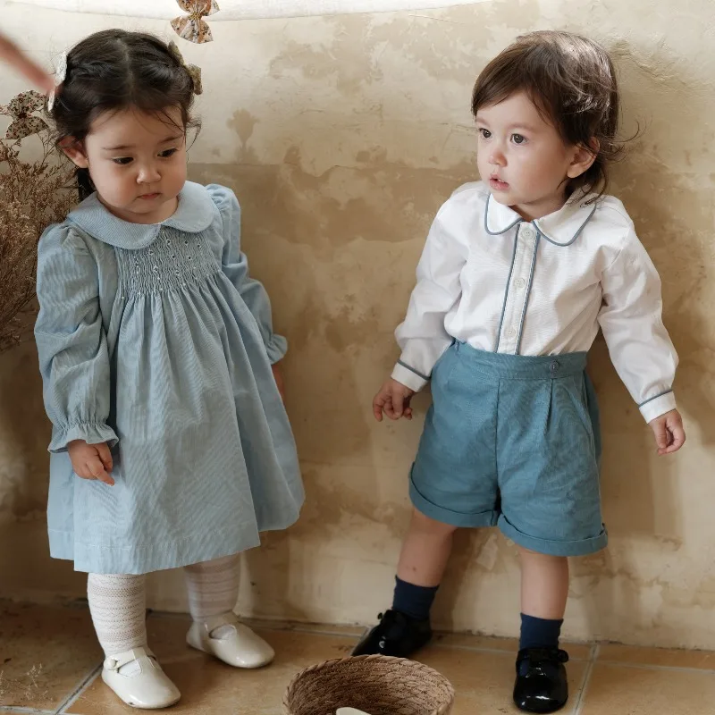 

Ins Handmade Boys Beptism Cotton Long-sleeved Shirt+shorts British Handsome Two-piece Suit Baby Boys Christmas Clothes