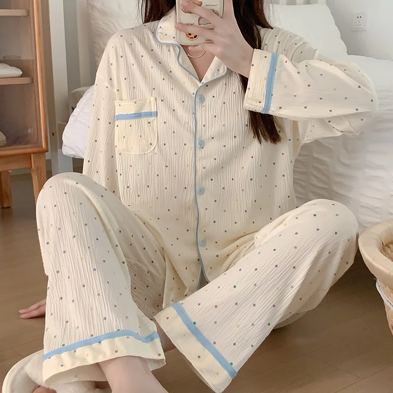 Women\'s Rustic Style Floral Long-sleeved Pajamas Homewear    Ladies Long-sleeved Faux Cotton Crinkle Fabric Loose Cute and Sweet