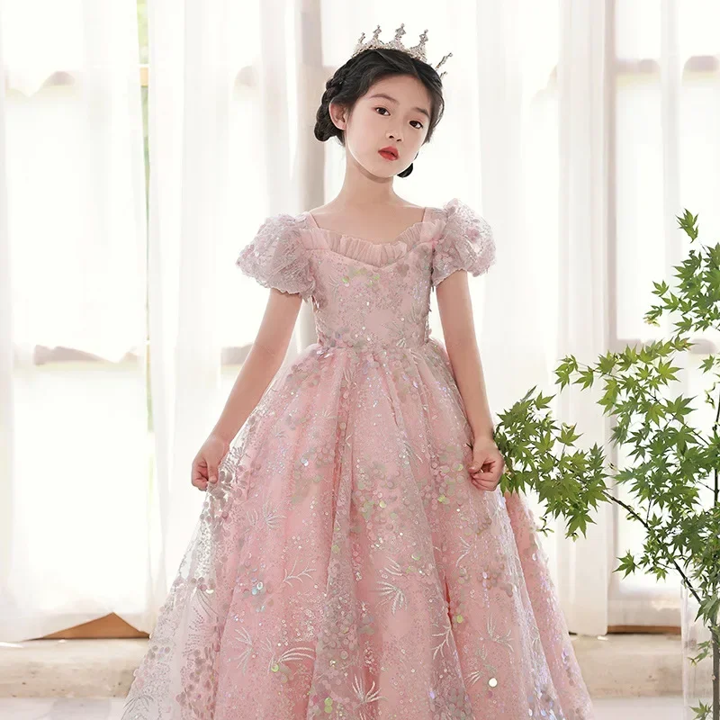 Robes de soirée pour enfants, longues robes de princesse en dentelle brodée, robes de bal formelles élégantes pour filles de 3 à 15 ans, vêtements de Banquet d'anniversaire