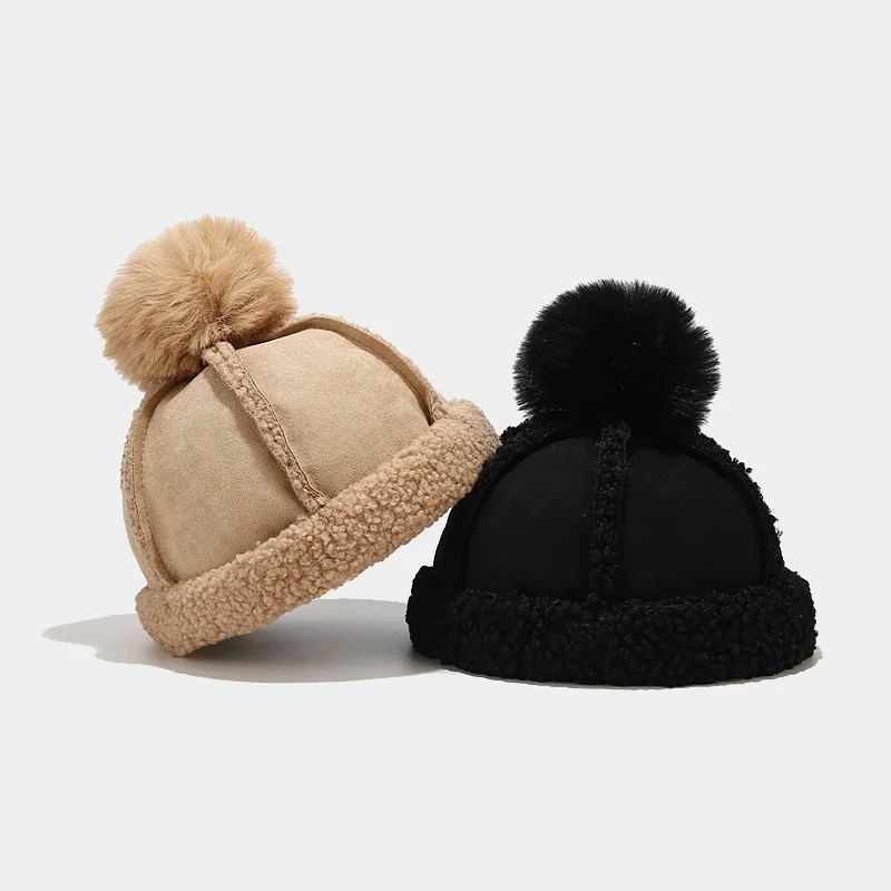 Autumn Winter Suede Plush Warm Landlord Hat Men Women Large Fur Ball Melon Skin Cap Outdoor Versatile Leisure Pack Head Cap