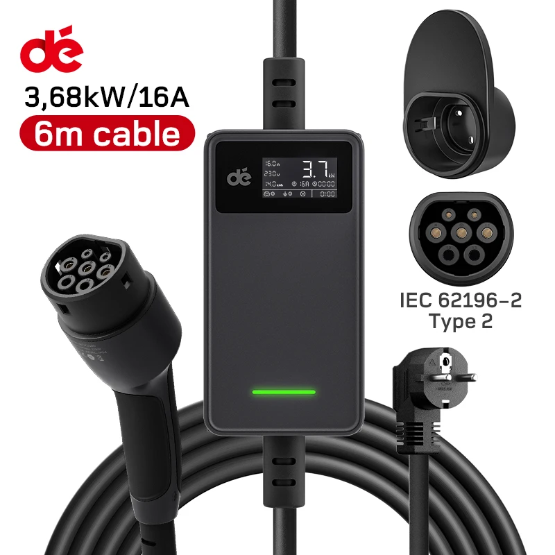 dé Portable EV Charger 3.68kW 16a EVSE Type 2 Charger 1 phase 6m 10m Cable EU Plug for Electric Vehicle Charging Station