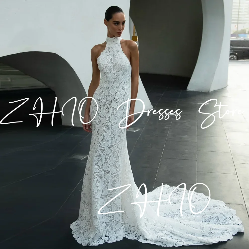 Zhi personalizado halter sem mangas rendas sereia vestido de casamento sem costas zíper longo trem espartilho vestidos de noiva novia