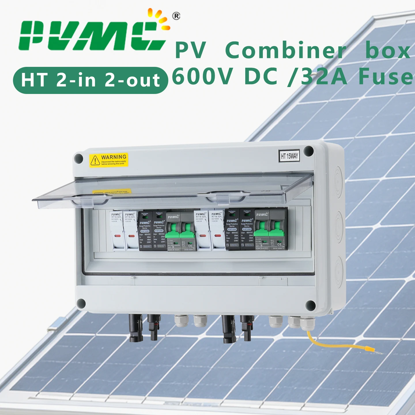 Caixa de Distribuição Fotovoltaica Solar 2 Entradas 2 Saídas DC 600V com Proteção contra Raios, Fusível 32A, MCB, SPD, à Prova d'Água IP65