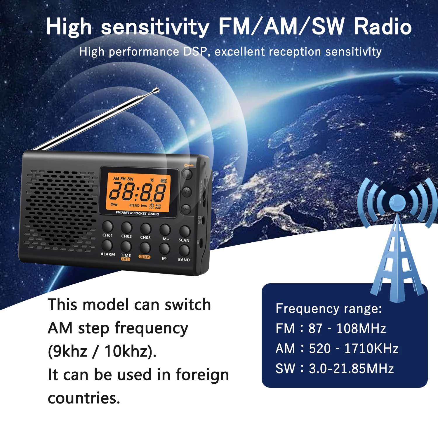 Rysamton Radio portatile AM/FM a onde corte Ampio display digitale con timer di sospensione e funzione sveglia, radio alimentate a batteria