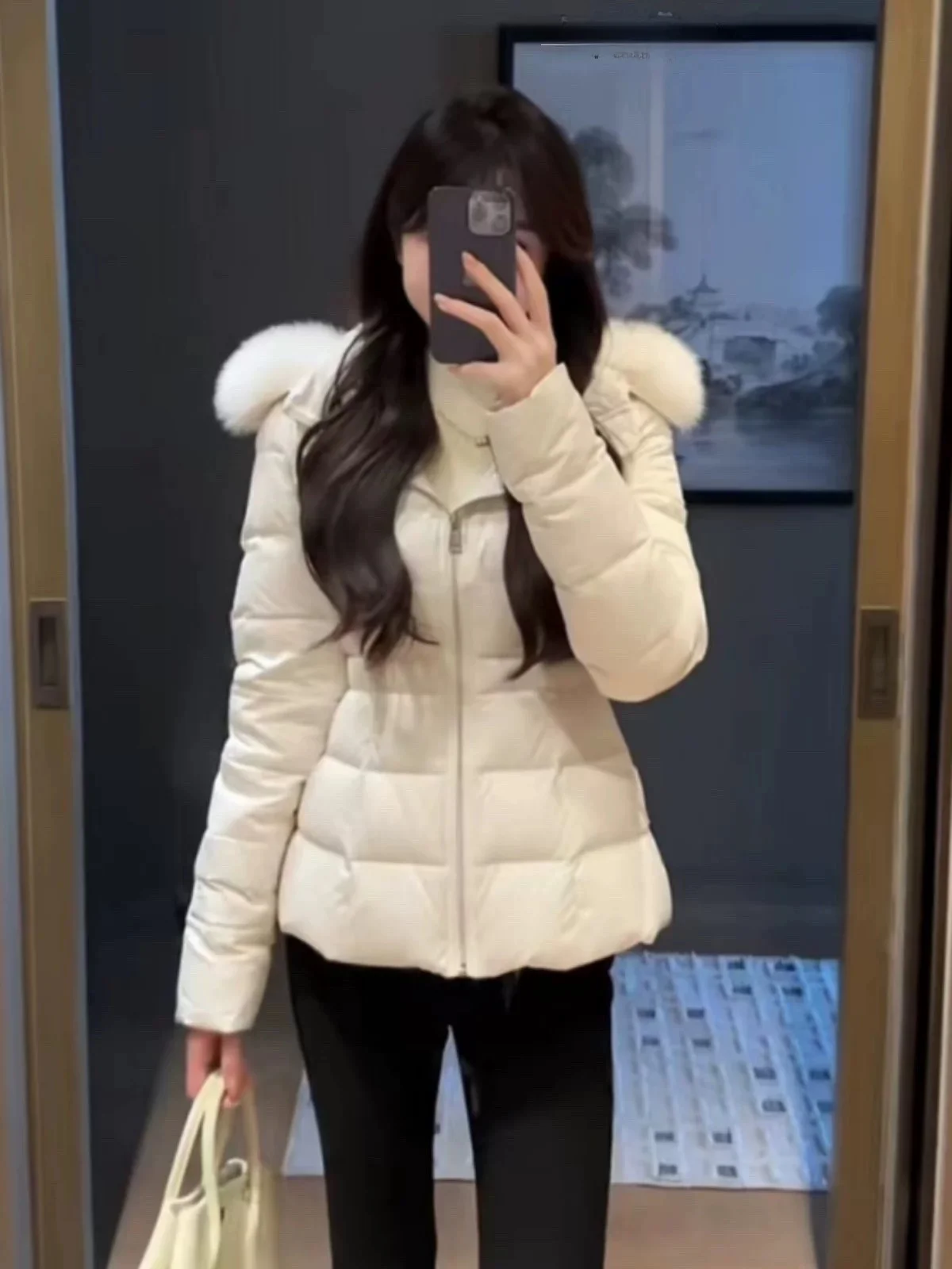 

Women's Thickened down Jacket with Large Fur Collar Slim Fit White Duck Feather Warm Coat Luxury Style Cotton Blend Winter Ou...