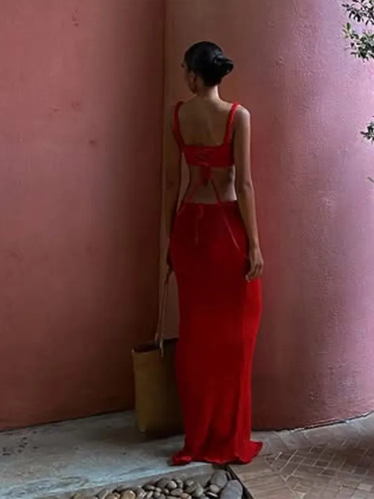 여성용 캐주얼 니트 투피스 세트, 우아한 민소매 백리스 크롭탑, 힙패키지 롱 스커트, 시크한 단색 숙녀 홀리데이 세트