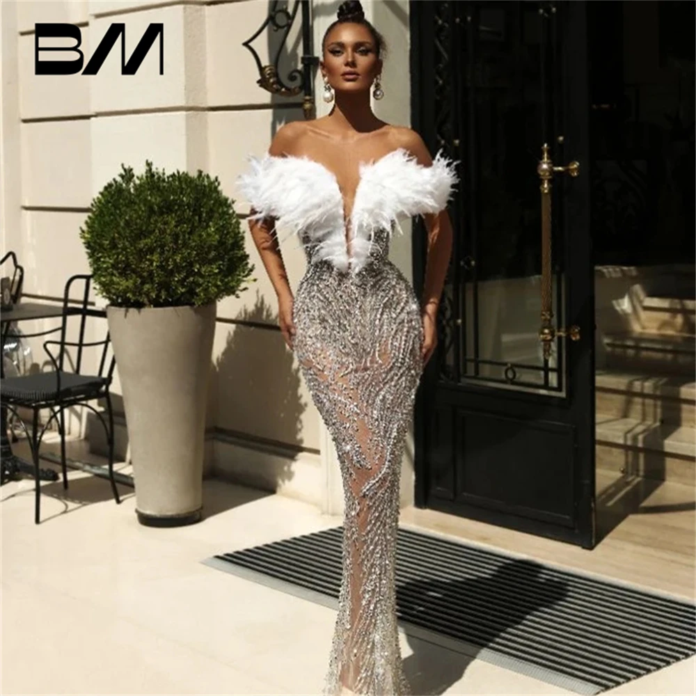 Women\'s Sexy Prom Dress, Beaded Embellished Mermaid Formal Dresses For Women, Off Shoulder Feathered Evening Gown