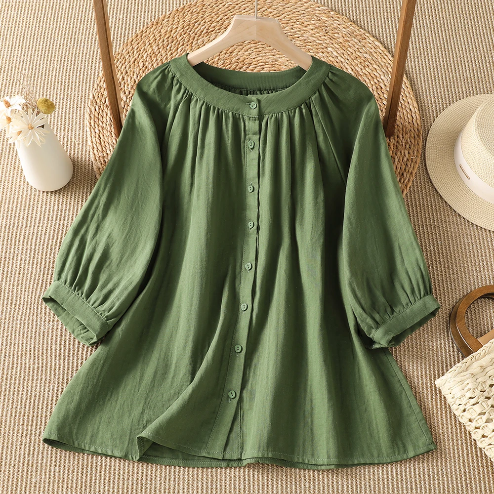 

Loose Fit Summer Shirt Pure Color Thin Five Sleeve Loose Top Artistic Style Cotton Polyester Blend Women's Open Cardigan