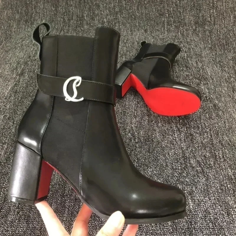 

2023 New Luxury Red Bottom Boots Sexy Round Toes Square Heel Ankle Boots Women Elastic Band Black High Heel Red Sole Shoes