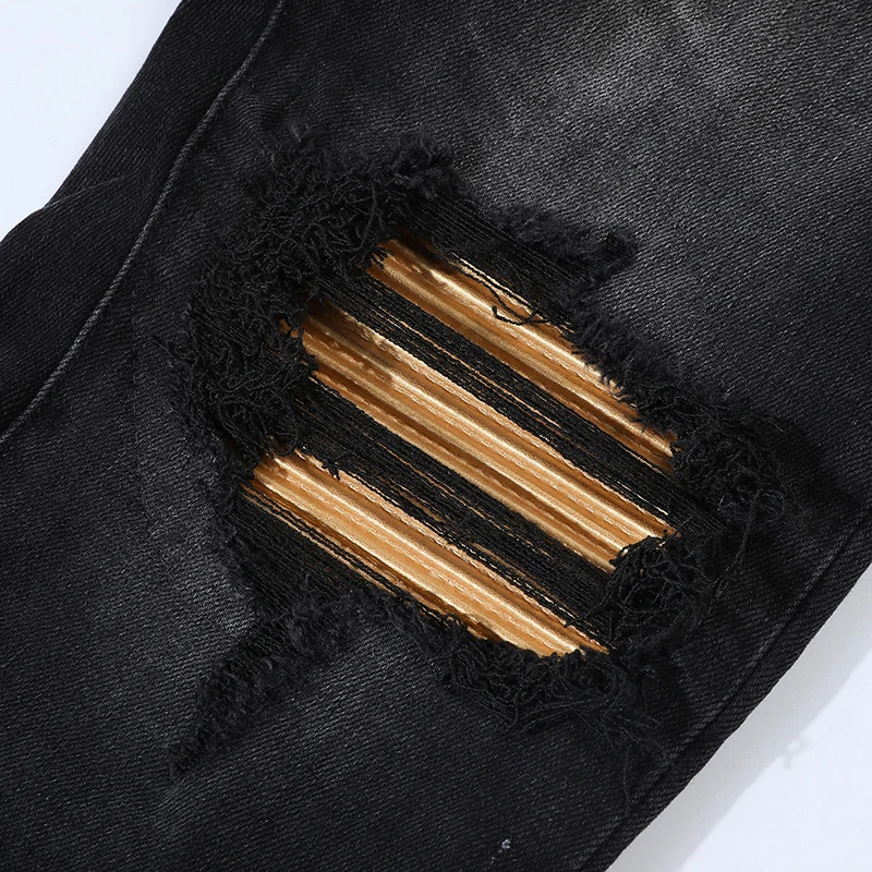 

Designer Fashion New Men's Jeans Perforated Patch Washed Nostalgic Black Jeans High Street Hip Hop Brand High Quality Stretch Sl