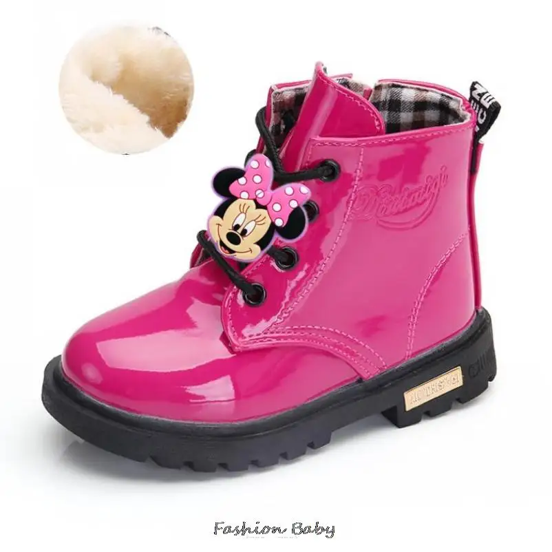 Disney Minnie Mouse Winter Girls Fashion Princess Snow Fur Boots Sequins Kids Plush Warm Non-Slip Shoes For Children