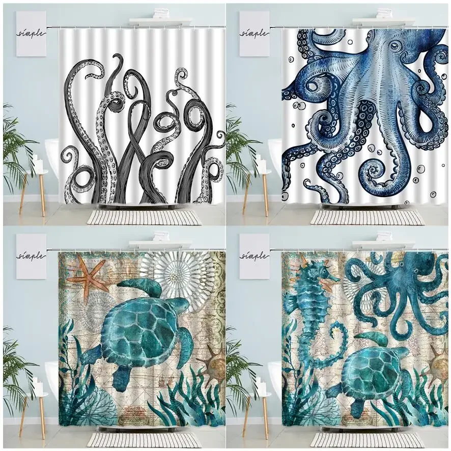 Sea Turtle Seahorse Octopus Shower Curtains Ocean Animals Tentacles Vintage Map Print Fabric Bathroom Curtain Home Decor Hooks