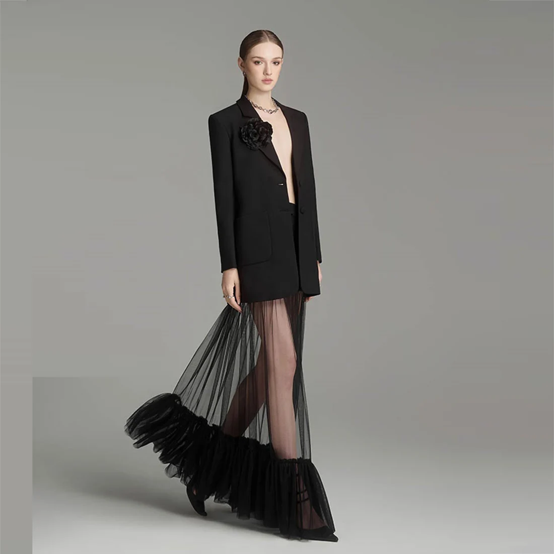 Falda larga transparente de tul negro, falda tutú elástica de cintura alta para mujer, ropa Formal, Color y tamaño personalizados