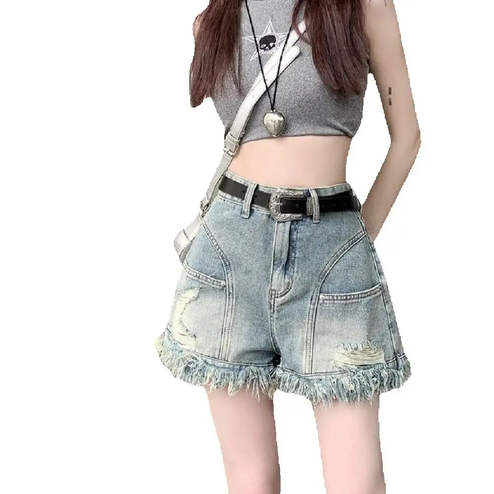 Lagged Burr High Waist Denim Shorts Women Summer New Style Niche Casual Versatile Retro Slimming Design A-Line Pants