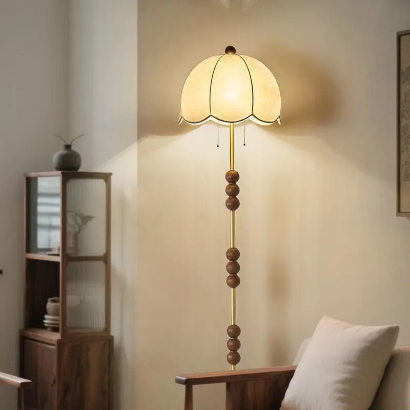 Mid Century New Chinese Zen Style Solid Copper Wood Standing Lamp Song Dynasty Aesthetic for Bedroom