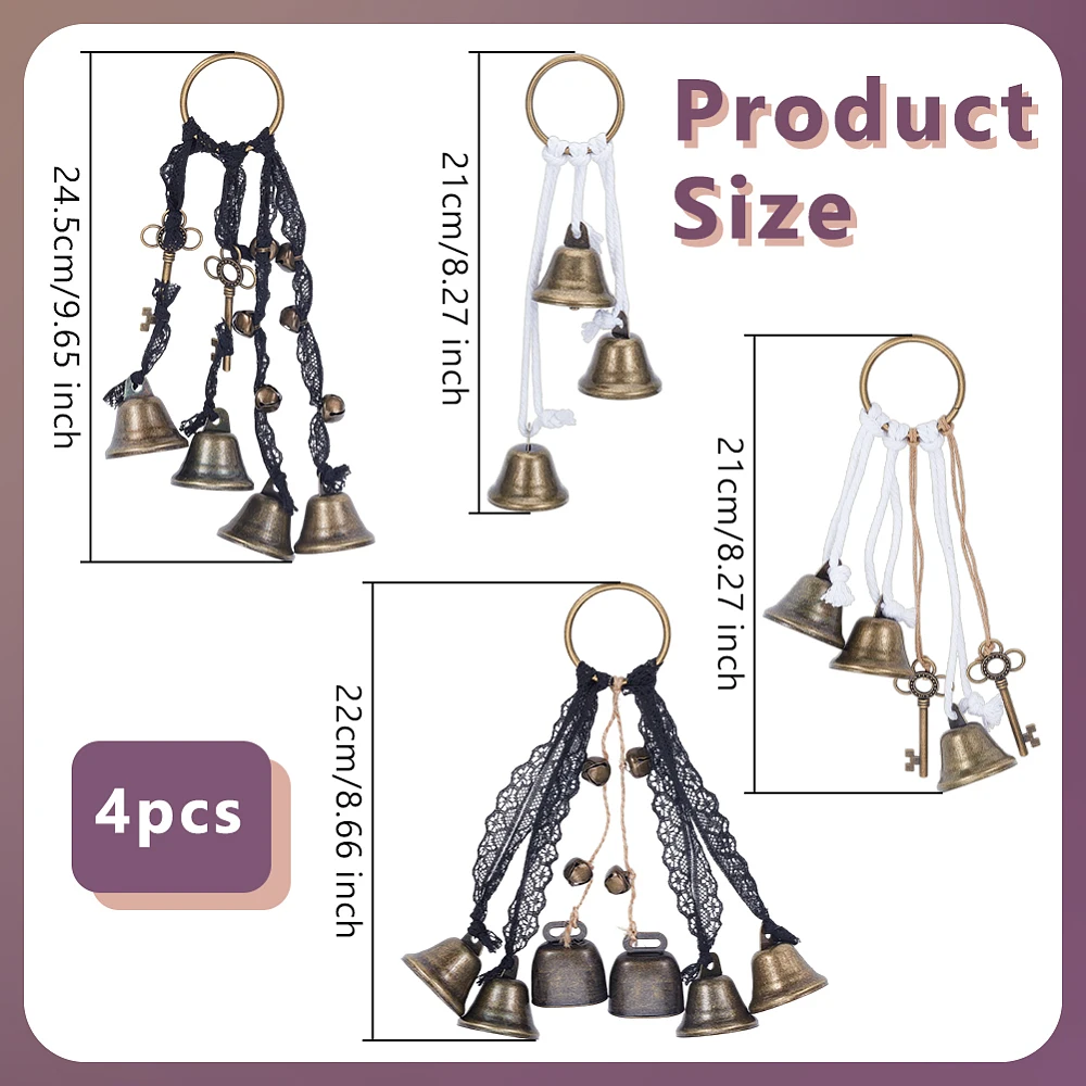 4Pcs 4 Styles Bells for Door Knob Hanging Iron Bells Hanger Bell Magic Keys Bells Vintage Wind Chimes for Witchy Room Home
