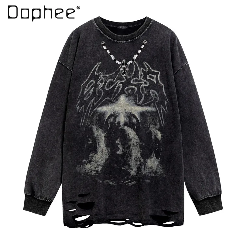 

Весенне-осенний новый мужской свитшот в готическом темном стиле с принтом-ожерельем, белый, с длинными рукавами, уличный, черный, свободный, повседневный топ