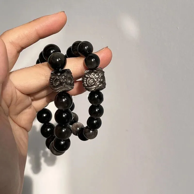 Promote Blood Revive Relax Anxiety Natural Black Obsidian Stone Lion Fashion Jewelry Bracelets For Women Men Yoga Energy  Gifts