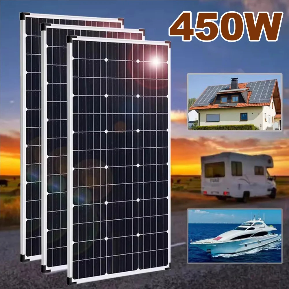 450W 300W 150W Solarpanel PET Solar-Ladepanel mit Aluminiumrahmen Photovoltaikpanel für Wohnwagen, Haus, Garten, Versand aus der EU