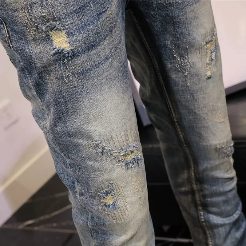 Fashion Designer Men Jeans Retro Washed Stretch Slim Fit Ripped Jeans Men Embroidery Patched Vintage Y2K Denim Pants Hombre