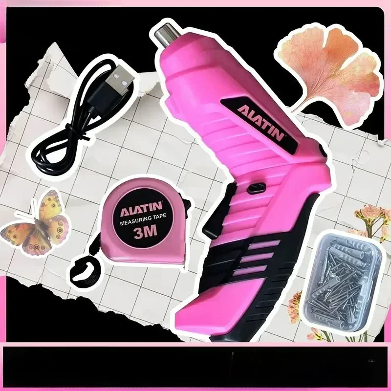 Pink Household Tool Box Set for Women with Hammer and Charging Lithium Battery Screwdriver,lady Home Repair Tools Set with Case