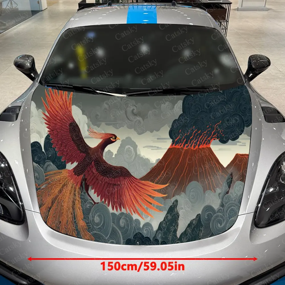 Phoenix Volcano Car Cover Decal, Auto Hood Sticker, Waterproof and Self-adhesive Auto Vinyl Wraps, Cool Car Exterior Decoration,