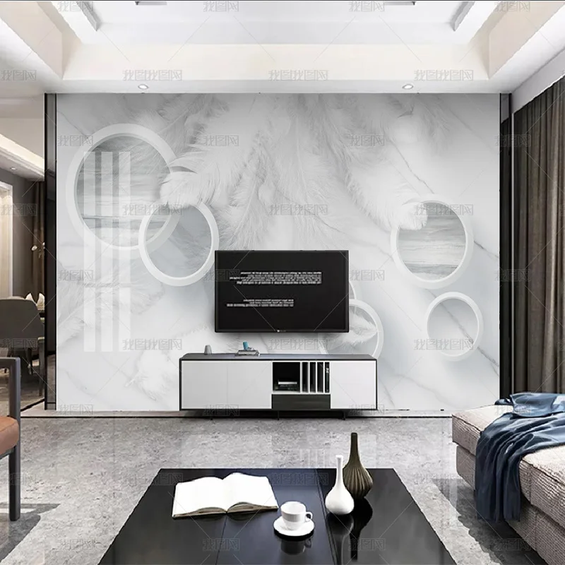 Customized products 3D simple Abstract geometry marble feather wallpaper Jazz white guest room TV background wall bedroom mural